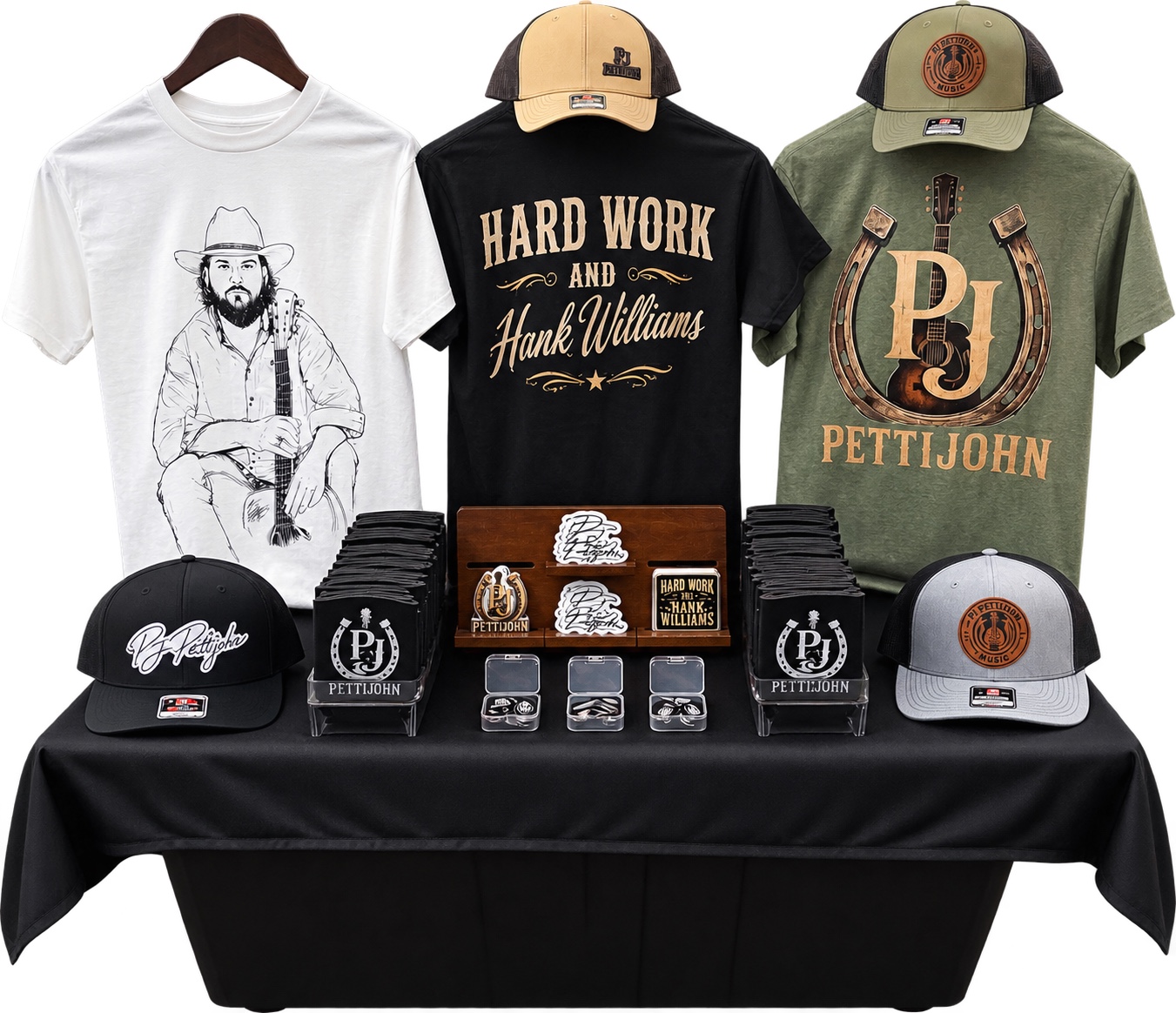 PJ Pettijohn merchandise display with T-shirts, hats, koozies, stickers, and guitar picks